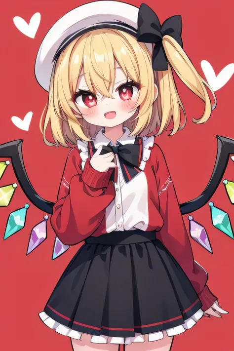 flandre scarlet, 1girl, solo, looking at viewer, blush, smile, open mouth, bangs, skirt, blonde hair, simple background, shirt, red eyes, long sleeves, hat, bow, hair between eyes, standing, heart, cowboy shot, frills, wings, alternate costume, striped, ha...