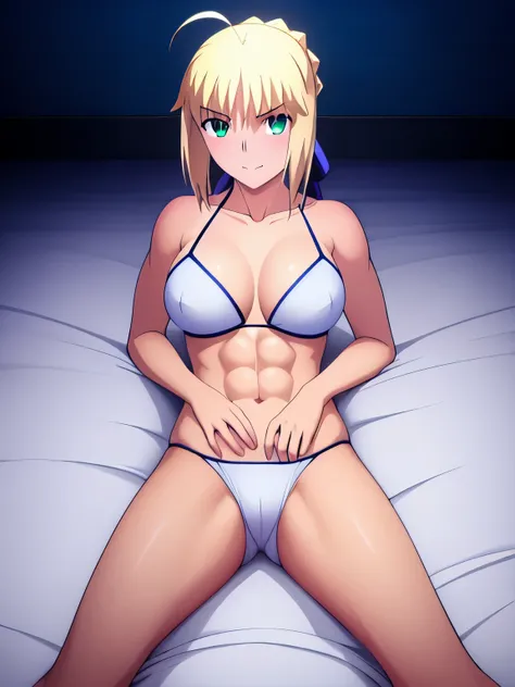 best quality, masterpiece, highres, ray_tracing_graphic, solo, adult_female, {saber_fatestaynightufotable:1.15}, blonde_hair, little_ahoge, green_eyes, blue_ribbon, 1girl, anime_coloring, full_body, happy_face, five_fingers, blush, large_breasts, official_...