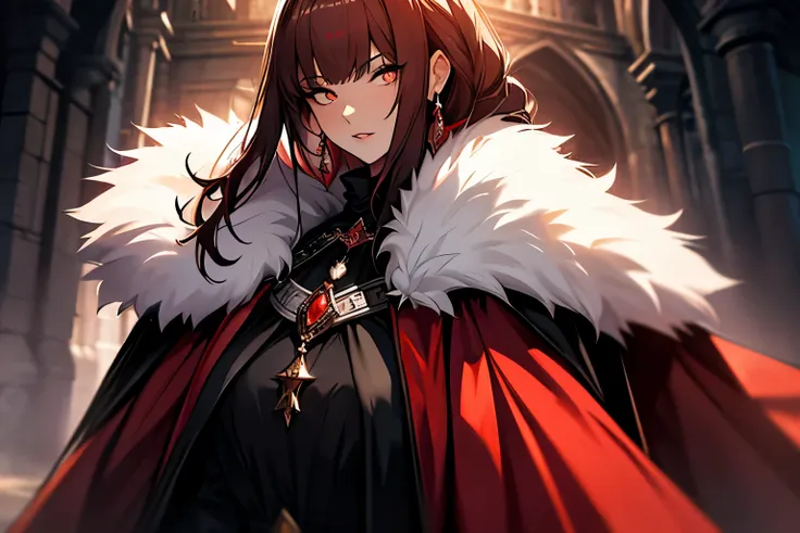 long fur jacket in black, a medieval dress in white and red, with a super voluminous skirt, round princess skirt, high collar, which covers the body from neck to toe, covered neck, super detailed face, super detailed eyes, super detailed lips ,
