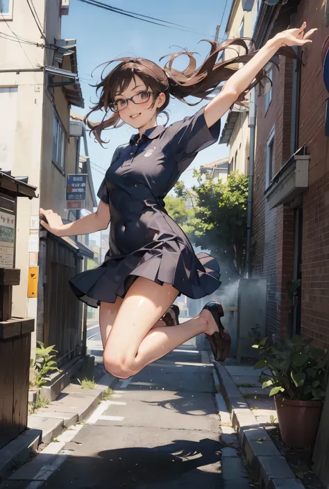 (super flat, flat shading), Honors Type, Really blushing, 17 years old, girl, wearing short sleeves white one-piece dress:1.5, mini skirt fluttering in the wind, Loafer, ponytail brown hair, Glasses, sweaty healthy body, sweaty soaking wet full body, smile...