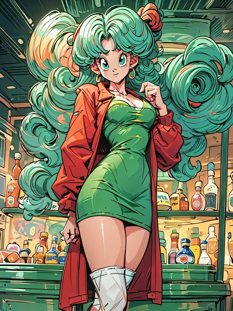 Masterpiece, ultra detailed, best quality, 8k, !(beautiful bulma in a nightclub, long and curly aqua hair with a pompadour, green eyes, perfect body, she wears a tight and short red cotton dress with long sleeves and a low neckline on her chest, transparen...