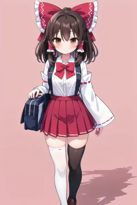 hakurei reimu, 1girl, solo, breasts, looking at viewer, bangs, skirt, brown hair, shirt, black hair, thighhighs, bow, brown eyes, , standing, full body, white shirt, hair bow, sidelocks, pleated skirt, shoes, alternate costume, black thighhighs, miniskirt,...