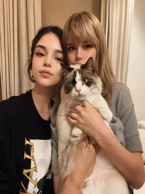 Dos mujeres posan para una foto con un gato en brazos., with gatos de su lado, exclusivo, estan cerca el uno del otro, taylor fast,  modelado, fast, 📷 ausencia y rumpleteazer, gatos de su lado, selena gomez, hay un gato a su lado, foto de perfil, mejillas ...