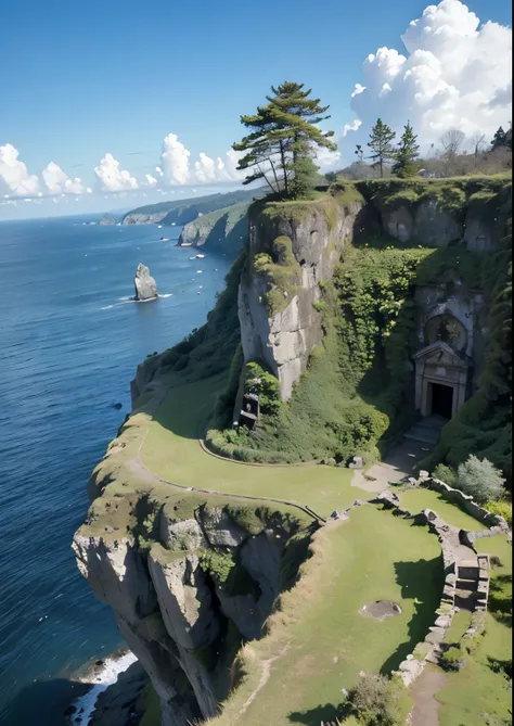 (masterpiece、highest quality:1.2)、8k、You can see the ocean、Ancient ruins on the cliff、Ruins of unknown age、It is covered with moss and ivy.