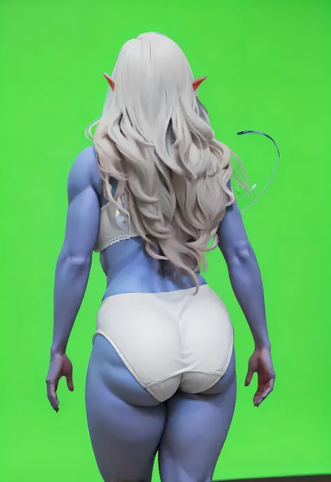 ((masterpiece, best quality)), ((((perfect anatomy)))), ((35 year old)), (((Curvy))), ((Dark Elven woman with long white hair)), in ((white cotton panties)), ((white bra)), (((Large buttocks))), standing in front of a green screen, Pixar Movie art style