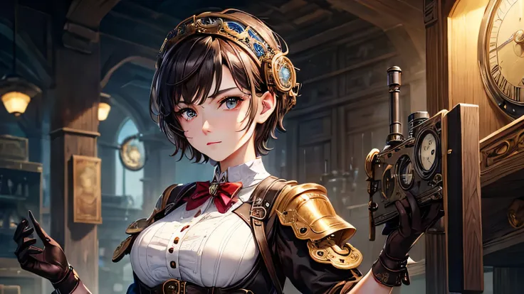 woman、Age 25、short hair、Brown Hair、Steampunk costumes、Detailed, high-quality facial expression、Detailed and high-quality eye depiction、Detailed and high-quality costume depiction、Steampunk medieval background、Gear elements、Analog Clock Element、Nixie tube e...