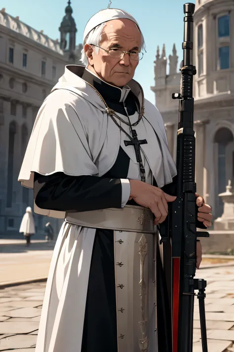 pope john paul ii in a plate armor holding a black giant shotgun