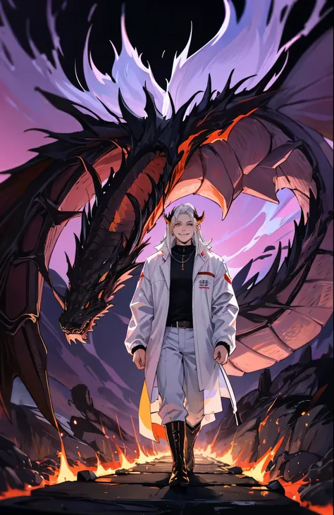 Muscular man, alone, white windbreaker, white long pants, white hair, black locks of hair, Japanese-looking man, dragon horns, violet-colored military boots, evil smile, dark brown eyes, fantasy scenery, walking through the flames of darkness.