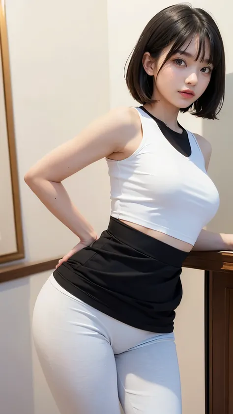 (((Backwards:2.0, Face your buttocks towards the camera:2.0, Accentuate your butt:2.0))), ((Clothing:1.8)), (((Shadow of the shape of fullback panties:2.0, Black long sleeveless T-shirt:2.0, White track pants:2.0))), 1 Girl, solo, ((Medium Hair:1.2, A grin...