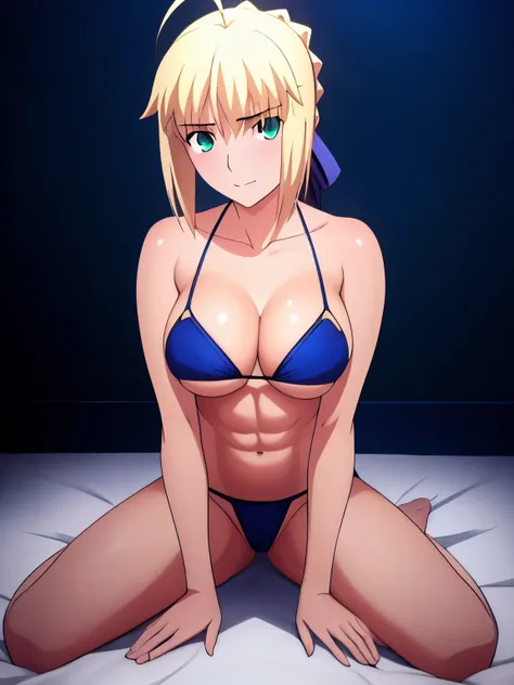 best quality, masterpiece, highres, realistic, ray_tracing_graphic, solo, adult_female, {saber_fatestaynightufotable:1.15}, blonde_hair, little_ahoge, green_eyes, blue_ribbon, 1girl, anime_coloring, full_body, happy_face, five_fingers, blush, large_breasts...