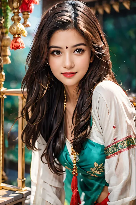 masterpiece, centered, 1 young indian woman with a cute and radiant face, featuring exquisitely detailed eyes, expressing a mix ...