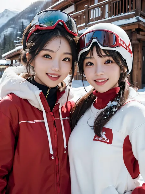 (((One person is wearing red clothing、The other one is wearing white)))Japanese college student, a picture of 2 women, highest quality, shape, Very detailed, finely, High resolution, 8K Wallpaper, Perfect dynamic shape, Beautiful and detailed, Natural Lip,...
