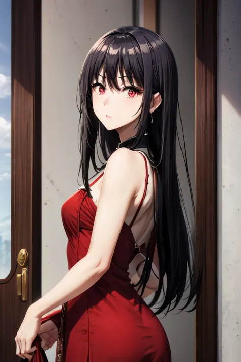 (red dress),red eyes,black hair