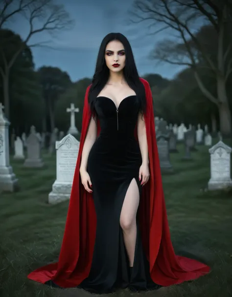 (best quality,4k,8k,highres,masterpiece:1.2),ultra-detailed,(realistic,photorealistic,photo-realistic:1.37),portrait,gothic girl,cemetery,red cape,black tight dress,long black hair,pale skin,dark makeup,red lips,sharp fangs,elegant pose,confident expressio...