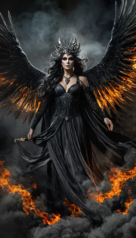 The Furies. Godessess of Vengeance the Greek Mythology, closeup image, black color armoir suits, large big fluffy wings, wear crown, thornes, white long hair, firey colored eyes, darkness, smoke, realistic, fantasy, masterpiece, higly detailed, background ...