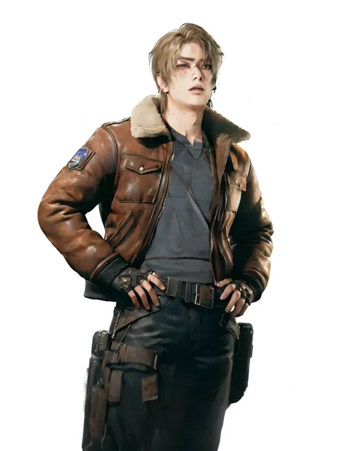 Un primer plano de una persona con una chaqueta, personaje principal masculino, como personaje de tekken, Looking like Jubgkook, Resident Evil inspirado, cuerpo completo de un solo personaje, fondo del juego Resident Evil, renderizado de maxwell, chaqueta ...