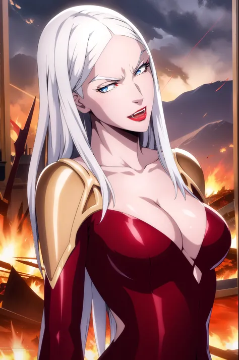 carmilla medium breasts, white hair, beautiful face, blue eyes, red lipstick, (masterpiece:1.2), best quality, absurdres, highre...