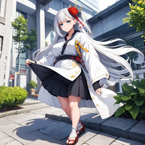 a woman wearing a blue shirt, white skirt, white coat, exposed thigh, long white hair, blue eyes, smiling, a red flower in her h...