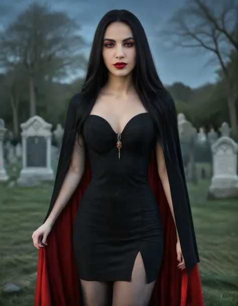(best quality,4k,8k,highres,masterpiece:1.2),ultra-detailed,(realistic,photorealistic,photo-realistic:1.37),portrait,gothic girl,cemetery,red cape,black tight dress,long black hair,pale skin,dark makeup,red lips,sharp fangs,elegant pose,confident expressio...