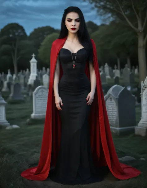 (best quality,4k,8k,highres,masterpiece:1.2),ultra-detailed,(realistic,photorealistic,photo-realistic:1.37),portrait,gothic girl,cemetery,red cape,black tight dress,long black hair,pale skin,dark makeup,red lips,sharp fangs,elegant pose,confident expressio...