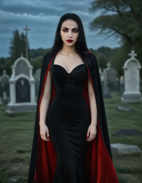 (best quality,4k,8k,highres,masterpiece:1.2),ultra-detailed,(realistic,photorealistic,photo-realistic:1.37),portrait,gothic girl,cemetery,red cape,black tight dress,long black hair,pale skin,dark makeup,red lips,sharp fangs,elegant pose,confident expressio...