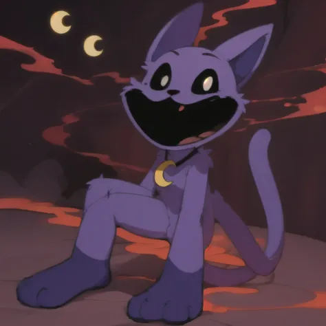 furry,purple cat,black eyes,crazy laugh,black mouth,moon necklace,plush toy,seams,red smoke,no humans,cartoonized,solo,full_body,night,horror (theme),smiling critters,