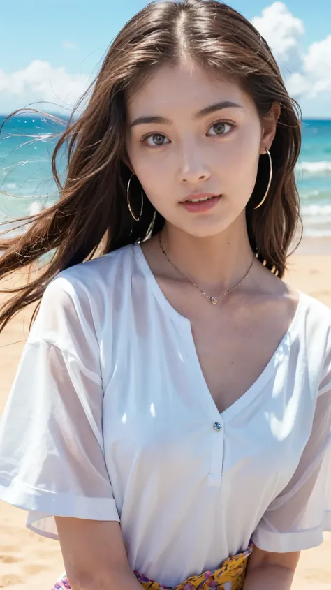 (masterpiece), (highest quality), (Super detailed),(Disheveled Hair),(figure), (One girl), (Summer clothes), Are standing, Fashion Model, View your viewers, (interview), (beach),Beautiful fine details, Delicate and beautiful face, floating,(High saturation...