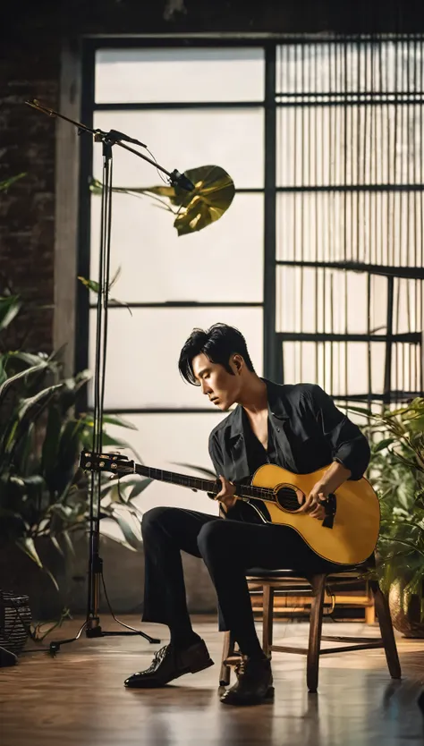 An attractive Asian man with a sexy charm、Strumming guitar in a moody studio room。Semi-lit spaces、Filled with dusky brass tones、It creates an introspective atmosphere。With a pensive look on his face, he thinks about the song.、He has a well-toned physique a...