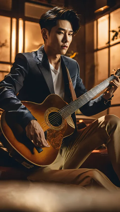 An attractive Asian man with a sexy charm、Strumming guitar in a moody studio room。Semi-lit spaces、Filled with dusky brass tones、It creates an introspective atmosphere。With a pensive look on his face, he thinks about the song.、He has a well-toned physique a...