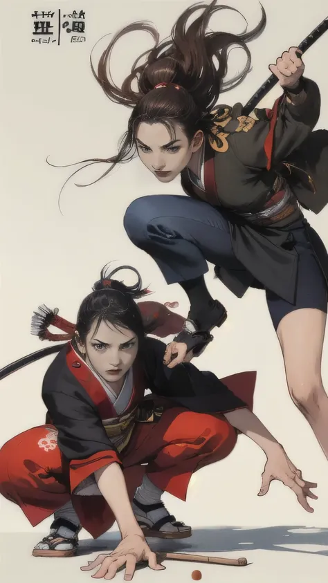 (highest quality,High resolution),Detailed portrait of a Japanese woman who is an Iaido master,22 years old, 1 female, [Suits made from high quality fabrics],[Sensual,Charm],[Disheveled Hair],Showing off agility,[whole body],Attacking from a crouching posi...