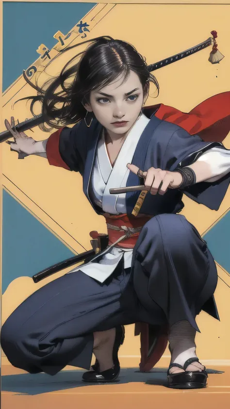 (highest quality,High resolution),Detailed portrait of a Japanese woman who is an Iaido master,22 years old, 1 female, [Suits made from high quality fabrics],[Sensual,Charm],[Disheveled Hair],Showing off agility,[whole body],Attacking from a crouching posi...