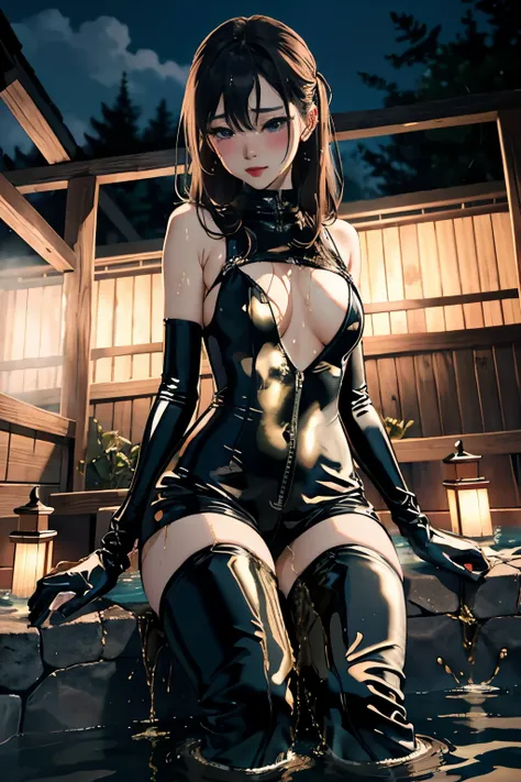 anime, best quality, high quality, highres, beautiful women, high detail, good lighting, lewd, hentai, (((black leather catsuit shorts))), (((leather thigh high boots))), black leather gloves, bare thighs, bare arms, (((wetting herself))), (((peeing hersel...