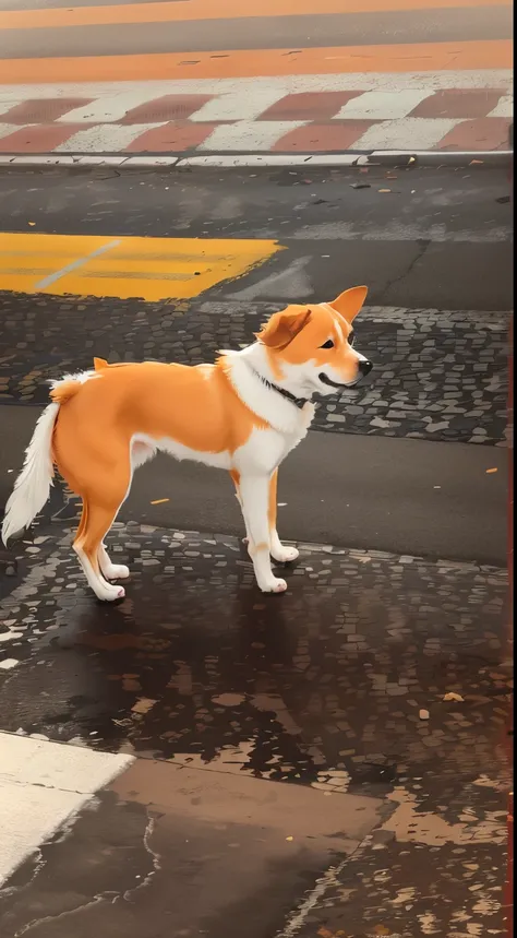 there is a dog that is walking across the street, Japanese Dog, Half Dog, puppy, crossing road, Begging, Standing on the corner, a dog, cute dog, a dog,, On the city streets，1080p, Walking towards the camera，Orange and white dog，high quality