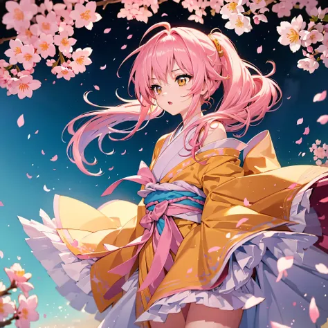 ((Pink Hair Long Hair Light blue light Streaks of Light ambition Orange Eyes)) ((Fighter Thimble gloves Pink and yellow kimono)) (Red Shoes Warlike) Open your mouth Spirit anger ponytail Cherry blossom petals