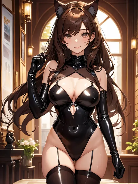 In front is a beautiful 24-year-old woman、Cat ear、、Black cat holding a kitten 、elegant、Beautiful atmosphere、smile、、latex.thigh body stocking、 trance parent body stocking,　cowboy shot,、Brown Hair、Sweat、、Big Breasts、ART、highest quality、masterpiece、