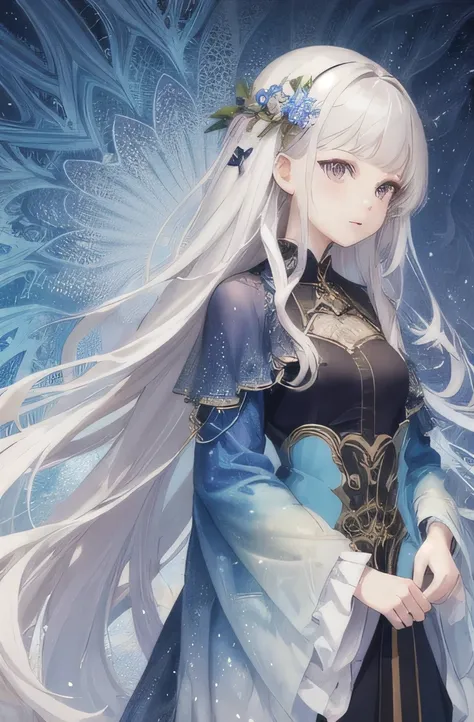 (masterpiece, highest quality, highest quality, Official Art, beautifully、aesthetic:1.2), (1 Girl:1.3), (Fractal Art:1.3),girl，Silver Hair，long hair，Smooth Hair，Beautiful，Princess，Sparkling