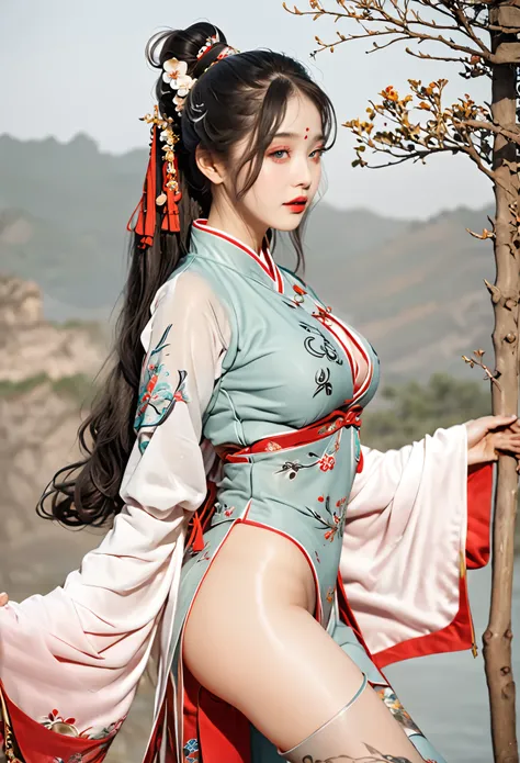 Realistically, high resolution, 1 female, Buttocks lift, beautiful eyes, Long gray hair, eye socket, Jewel-like, Tattoo is, Hanfu, A beautiful Chinese woman, Red embroidered Hanfu