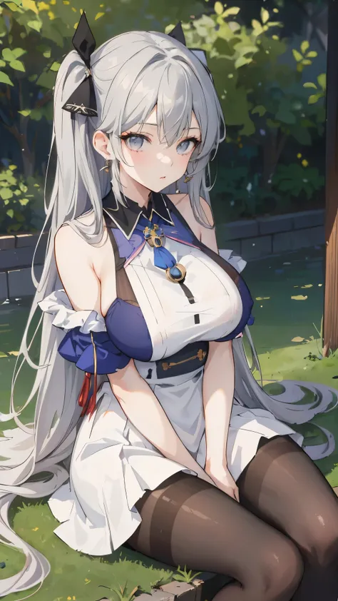 (masterpiece),best quality, expressive eyes, perfect face, 1girl, big breast, H-cup, good breast, beautiful, gorgeous,anime,girl,lora, nipple visible though clothes,ph bronya, 1girl, solo, earrings, long hair, grey hair, drill hair, grey eyes,pantyhose,w s...