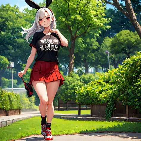 a woman wearing black casual shirt with kanji writing on the shirt, short red skirt, sports sneakers, walking on a walk in a ger...