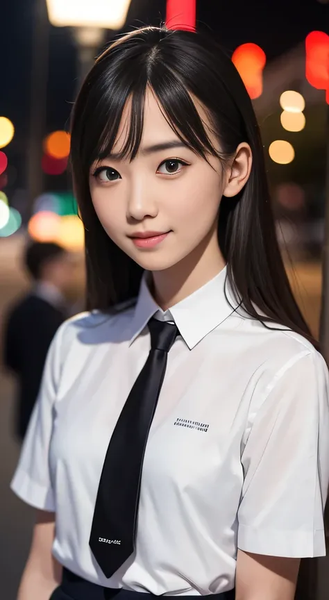 masterpiece, best quality, 8k, 85mm portrait, absurdres, beautiful girl, (night, upper body:1.5), cute, street, (school uniform,...