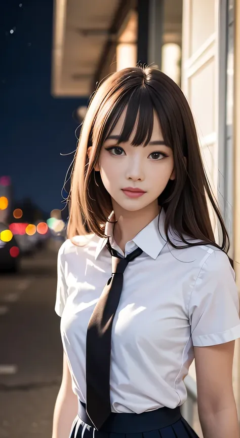 masterpiece, best quality, 8k, 85mm portrait, absurdres, beautiful girl, (night, upper body:1.5), cute, street, (school uniform,...