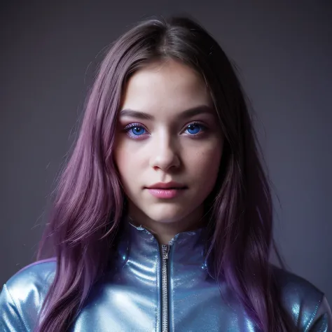 Photo of a college student, Purple Pink, futuristic spacesuit, (freckle:0.8) Cute face, Science Fiction, Dystopia, Delicate eyes, Heterochromia of the Eyes（（Cobalt blue background））