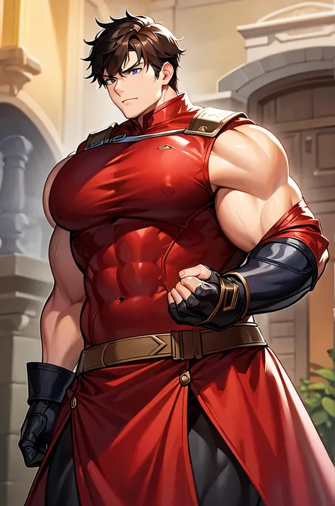 Adventurers Uniform, red clothing, black coat, young man, 20 years, light brown hair, short hair, blue eyes, detailed eyes, beautiful eyes, muscular,  Big pecs, Body full of huge muscles, (300 lbs) tall, 6.3 foot tall, serious pose, strong, masterpiece, de...