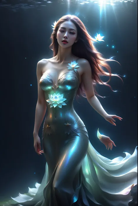 woman, long hair, sunlight, gigantic breasts, iridescent dress, glowing stars, A digital illustration, glowing lotus, defraction spikes, chromatic aberration, bloom AND (glowing, holofoil:0.6), a beautiful fantasy empress, guweiz, ruan jia and artgerm, bea...