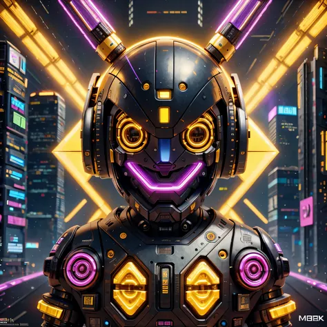 a close up of a robot with a glowing head and a purple background, cyber mech, in style of beeple, cyberpunk pikachu, style hybr...