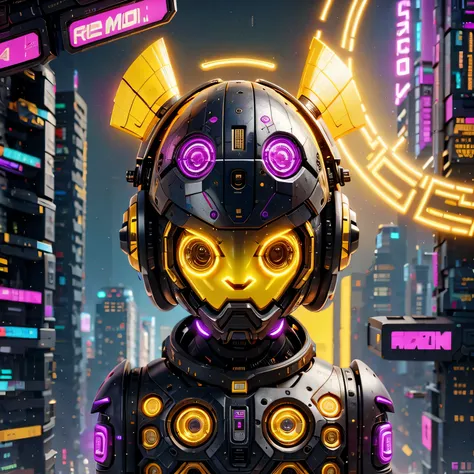 a close up of a robot with a glowing head and a purple background, cyber mech, in style of beeple, cyberpunk pikachu, style hybrid mix of beeple, 3 d render beeple, cute elaborate epic robot, beeple masterpiece, cyberpunk art style, yellow mech, beeple!!, ...