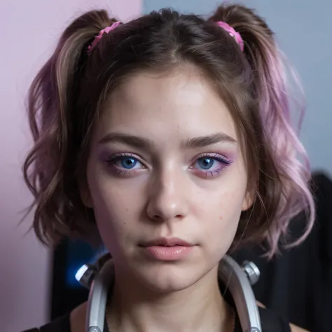 Photo of a college student, Purple Pink, futuristic spacesuit, (freckle:0.8) Cute face, Science Fiction, Dystopia, Delicate eyes, Heterochromia of the Eyes（（Cobalt blue background））