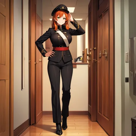 a woman wearing a black military suit, black pants, black heels, orange red hair, green eyes, smiling, big breasts, white milita...