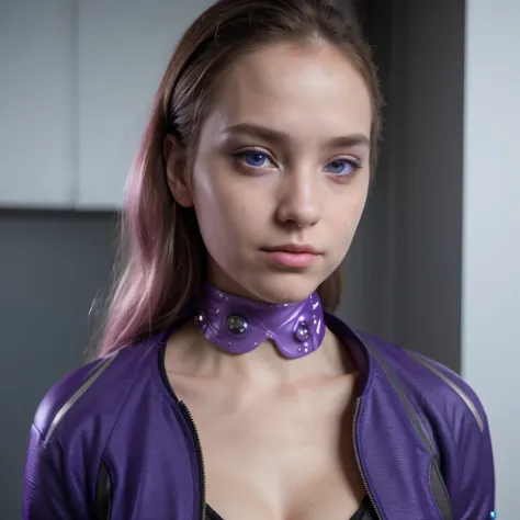 Photo of a college student, Purple Pink, futuristic spacesuit, (freckle:0.8) Cute face, Science Fiction, Dystopia, Delicate eyes, Heterochromia of the Eyes（（Cobalt blue background））