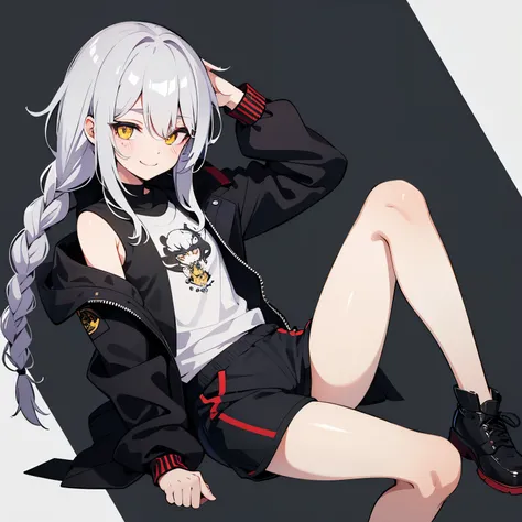 silver hair, messy hair, hair over one eye, Yellow eyes, Triangular birthmark on cheek, boy, Single drawing, Happy smile, black jacket, Chinese style, Over-the-knee shorts, cloth shoes, Red ankle rope, A long braid, boy, boy, Surrealism, anime, 8k, super d...